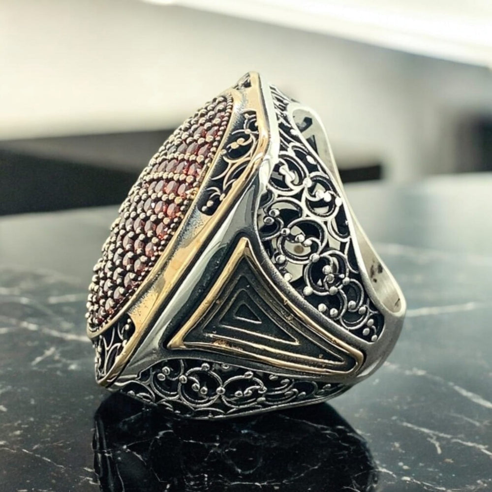 925er Silberring für Herren mit Granat-Mikrosteinen Herrenringn Großring 35g