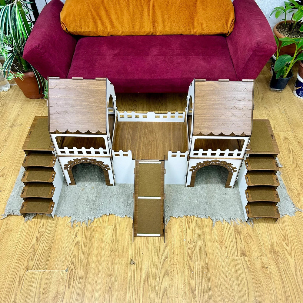 Meerschweinchen Schloss 2 Etagen | Holzhaus mit Rampe & Terrasse für 4 Tiere