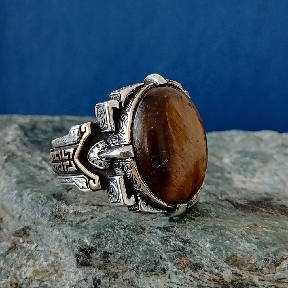 925er Silberring für Herren mit Tigerauge Handgefertigter Natursteinring für Dam