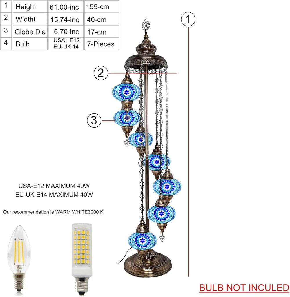 Große 7″ Bunte Türkische Mosaik Stehlampe | Boho Vintage Tiffany Stil Lampe