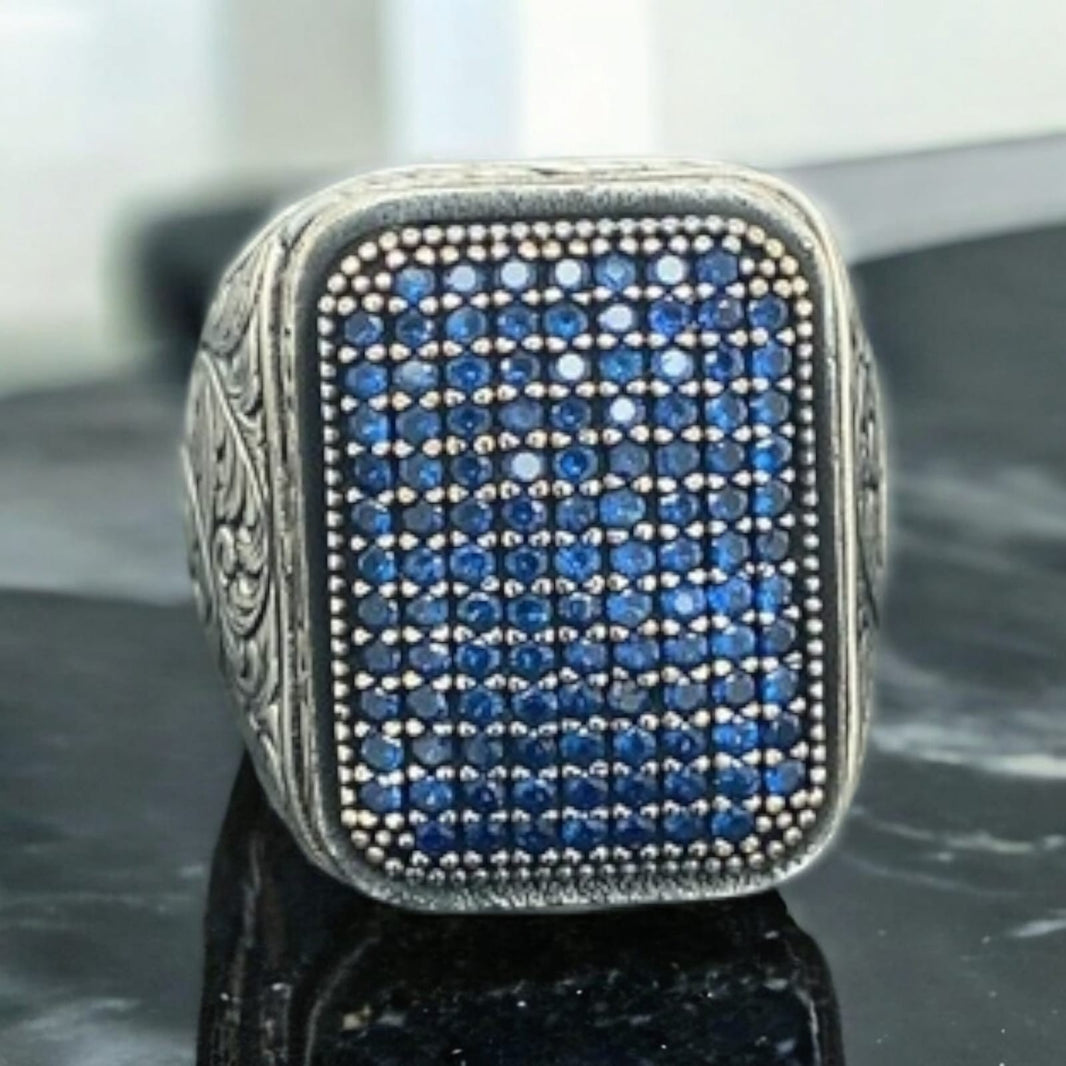 925er Silber, handgefertigt mit kleinen blauen Steinen, Ring für Männer und Frau