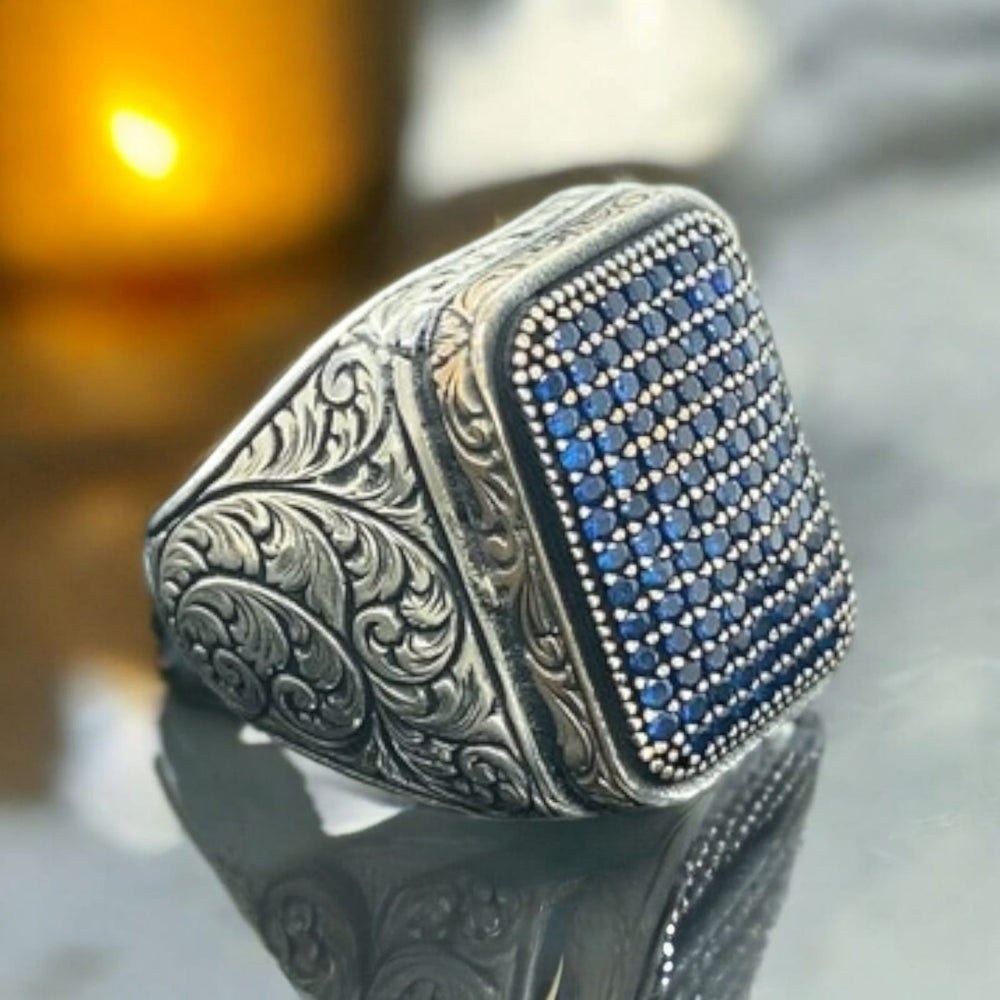 925er Silber, handgefertigt mit kleinen blauen Steinen, Ring für Männer und Frau