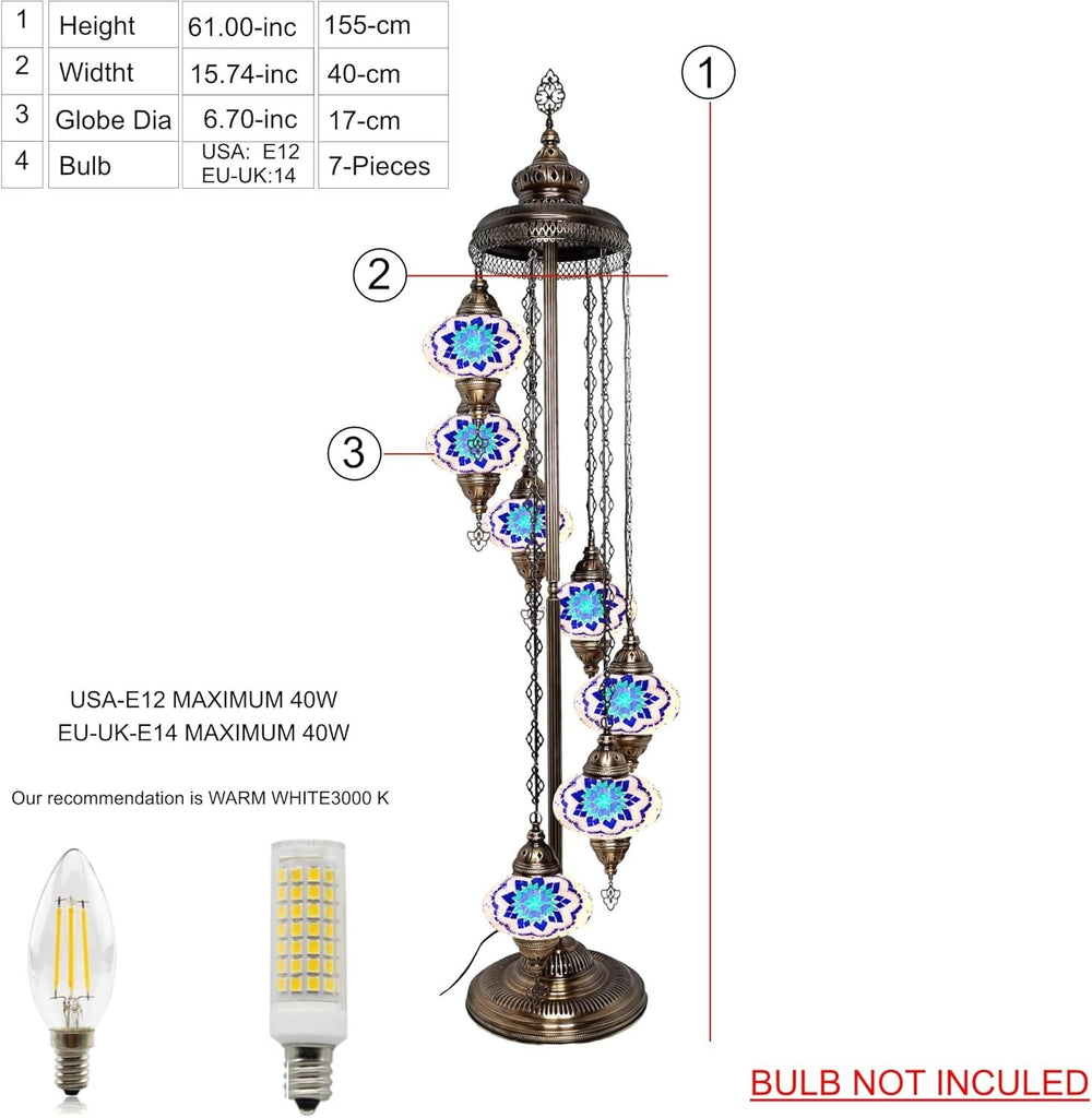 Große 7″ Bunte Türkische Mosaik Stehlampe | Boho Vintage Tiffany Stil Lampe