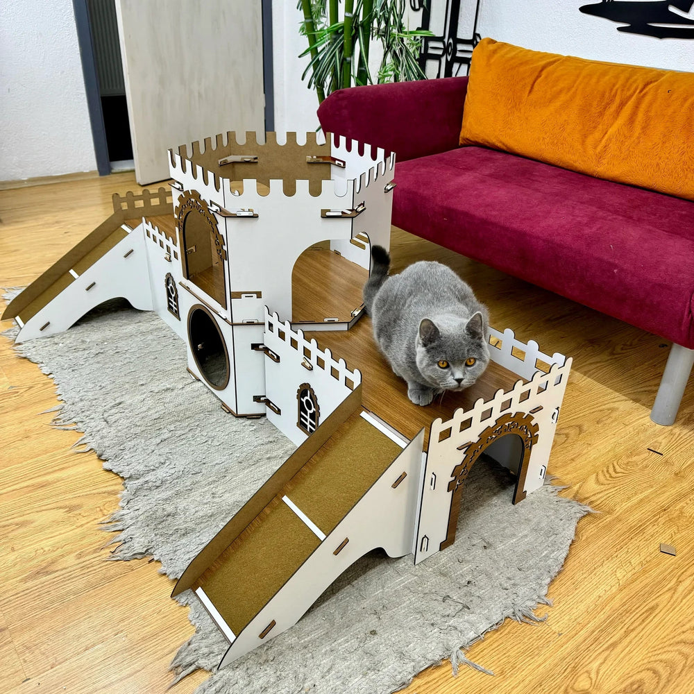 Katzenhaus handgefertigt – 2 Etagen, zerlegbar, MDF, Katzenburg Hexagon