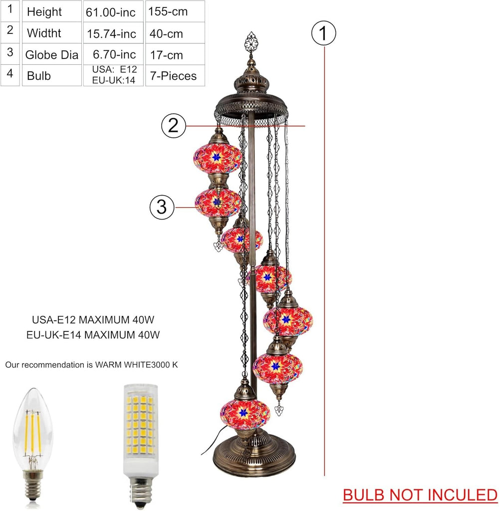 Große 7″ Bunte Türkische Mosaik Stehlampe | Boho Vintage Tiffany Stil Lampe