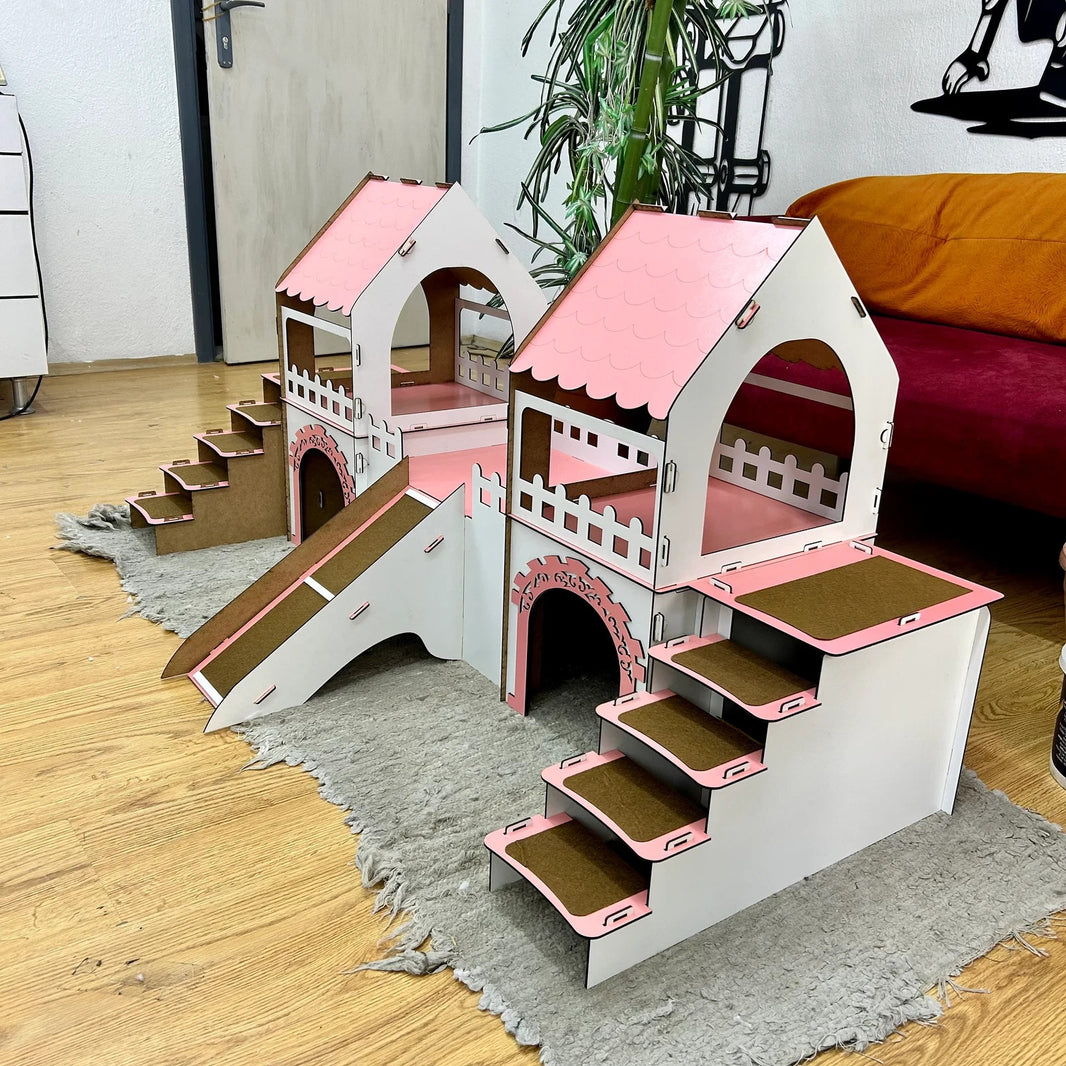 Meerschweinchen Schloss 2 Etagen | Holzhaus mit Rampe & Terrasse für 4 Tiere
