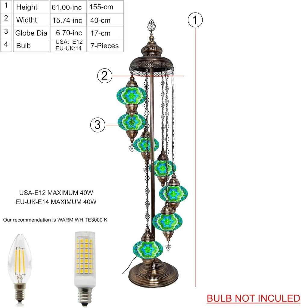 Große 7″ Bunte Türkische Mosaik Stehlampe | Boho Vintage Tiffany Stil Lampe