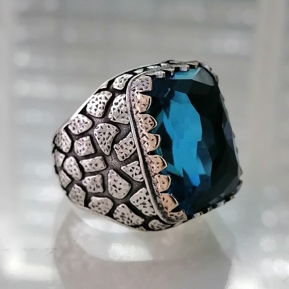 925er Silber  Aquablauer Stein Herrenring Handgefertigt Damenring