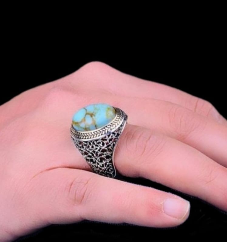 925er Sterlingsilber Turkis Herrenring Handgefertigt Naturbernstein Damenring