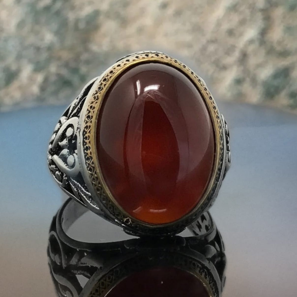 925er Sterlingsilber Achatstei Herrenring Handgefertigt Naturbernstein Damenring