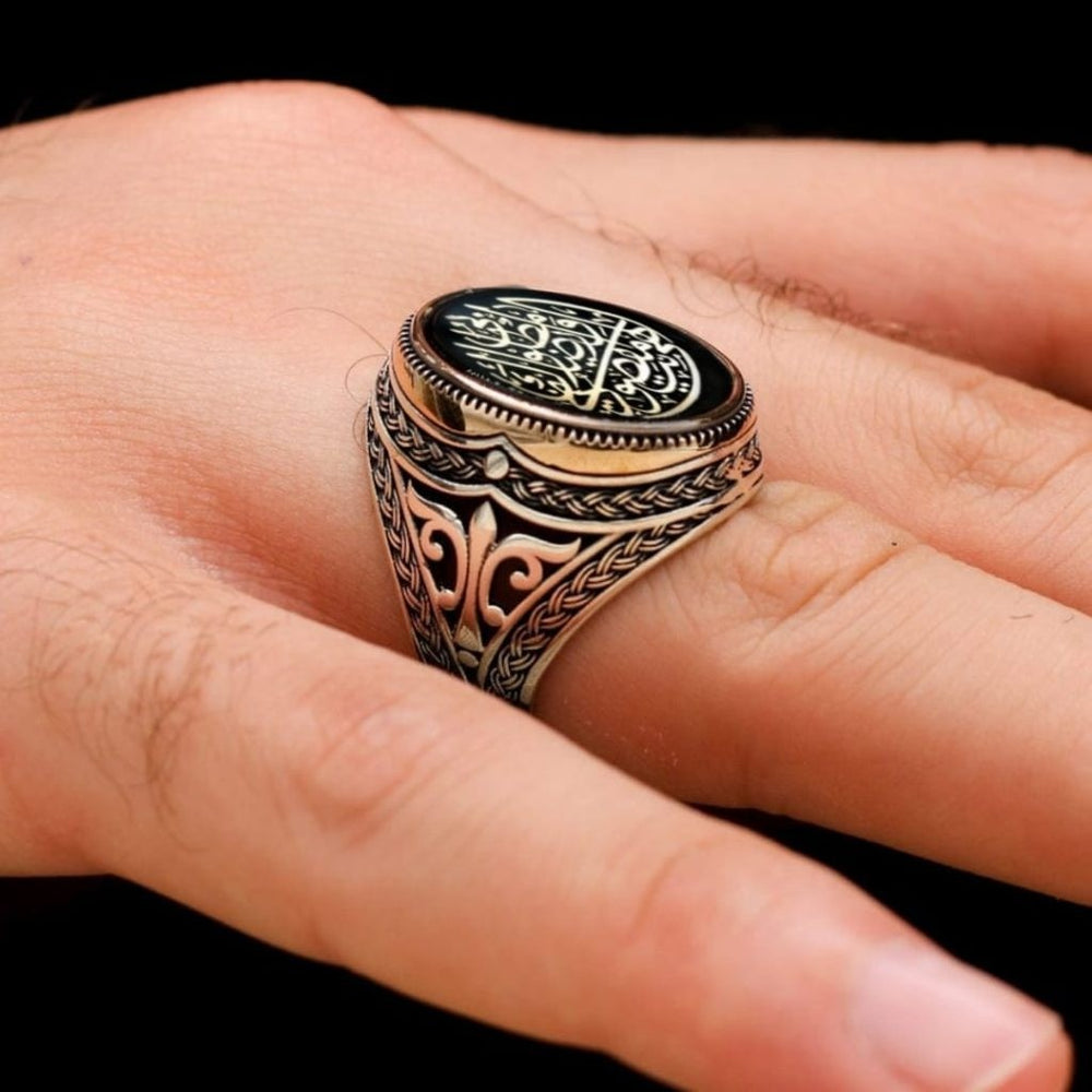 925er Sterlingsilber Herrenring - Handgefertigt Kadı-Modell Naturbernstein Stein