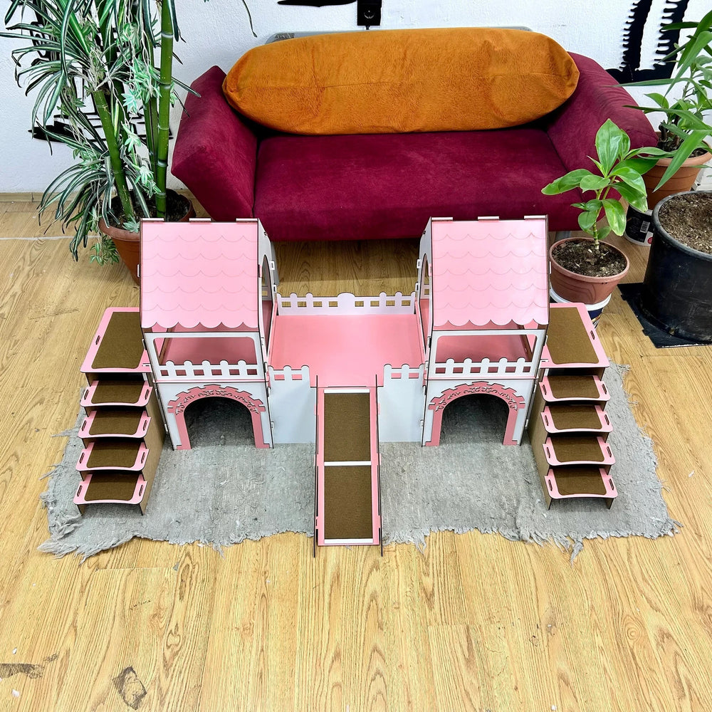 Meerschweinchen Schloss 2 Etagen | Holzhaus mit Rampe & Terrasse für 4 Tiere