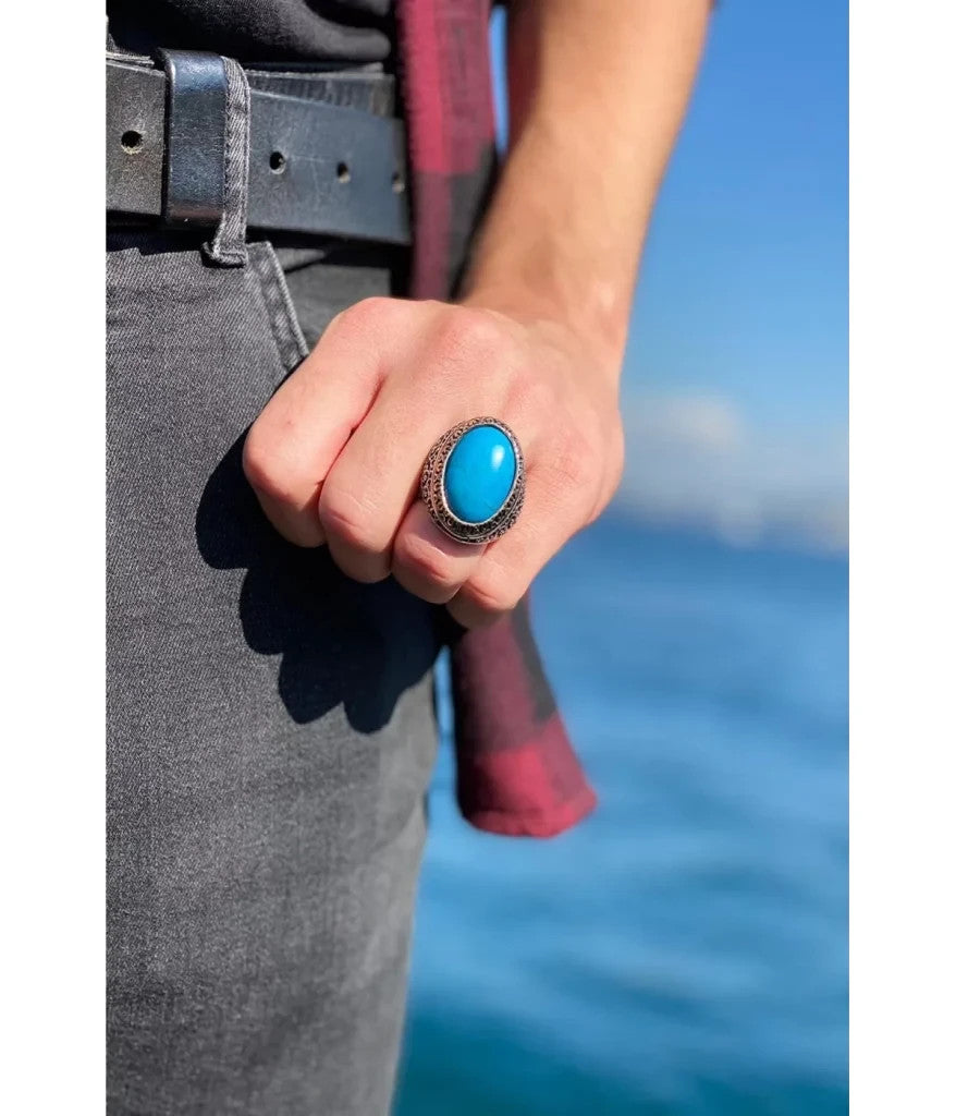 925er Silber, mit großem Türkisstein, handgefertigte Ringe für Frauen und Männer