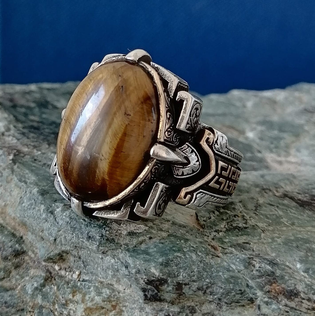 925er Silberring für Herren mit Tigerauge Handgefertigter Natursteinring für Dam