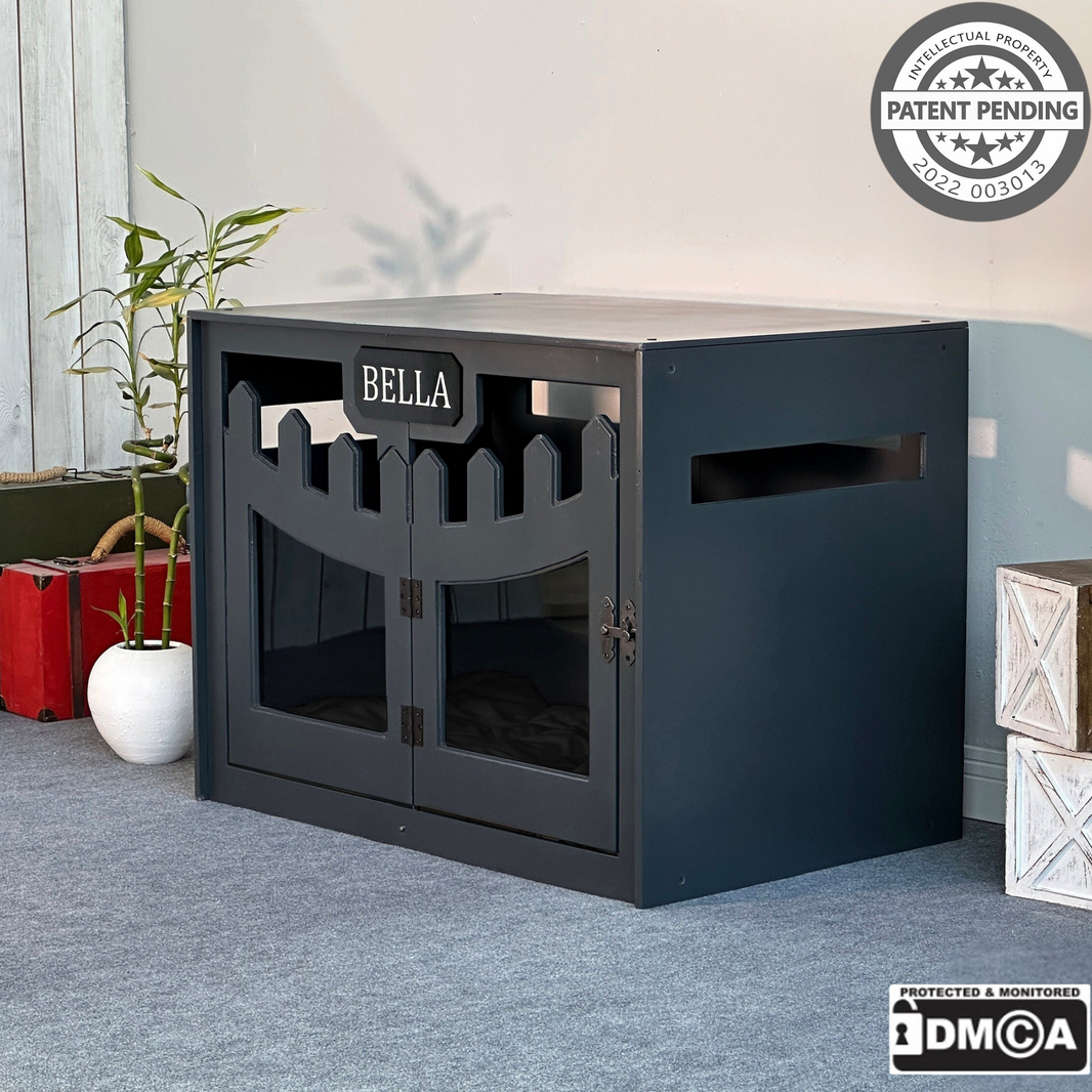 Hundehuette Welano Dunkelgrau aus Holz mit personalisiertem Namensschild und Kissen