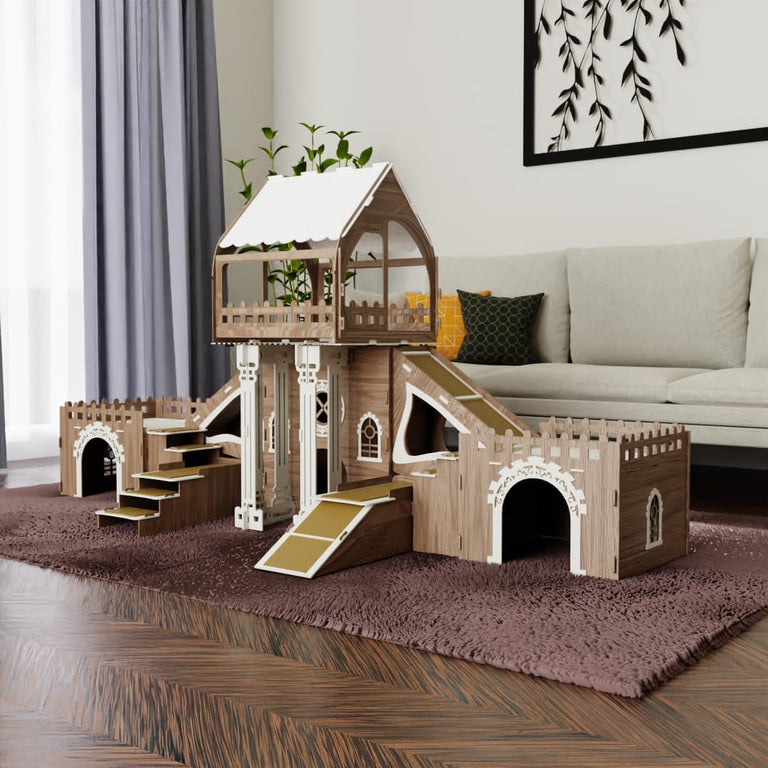 Colony Kaninchenhaus – 3 Etagen mit Terrasse & Holzbrücke – Für 4 Kaninchen geeignet – Indoor Stall aus Holz – Mit Rampen & Kissen – Modernes Kleintiermöbel (Eiche-Weiß, N)