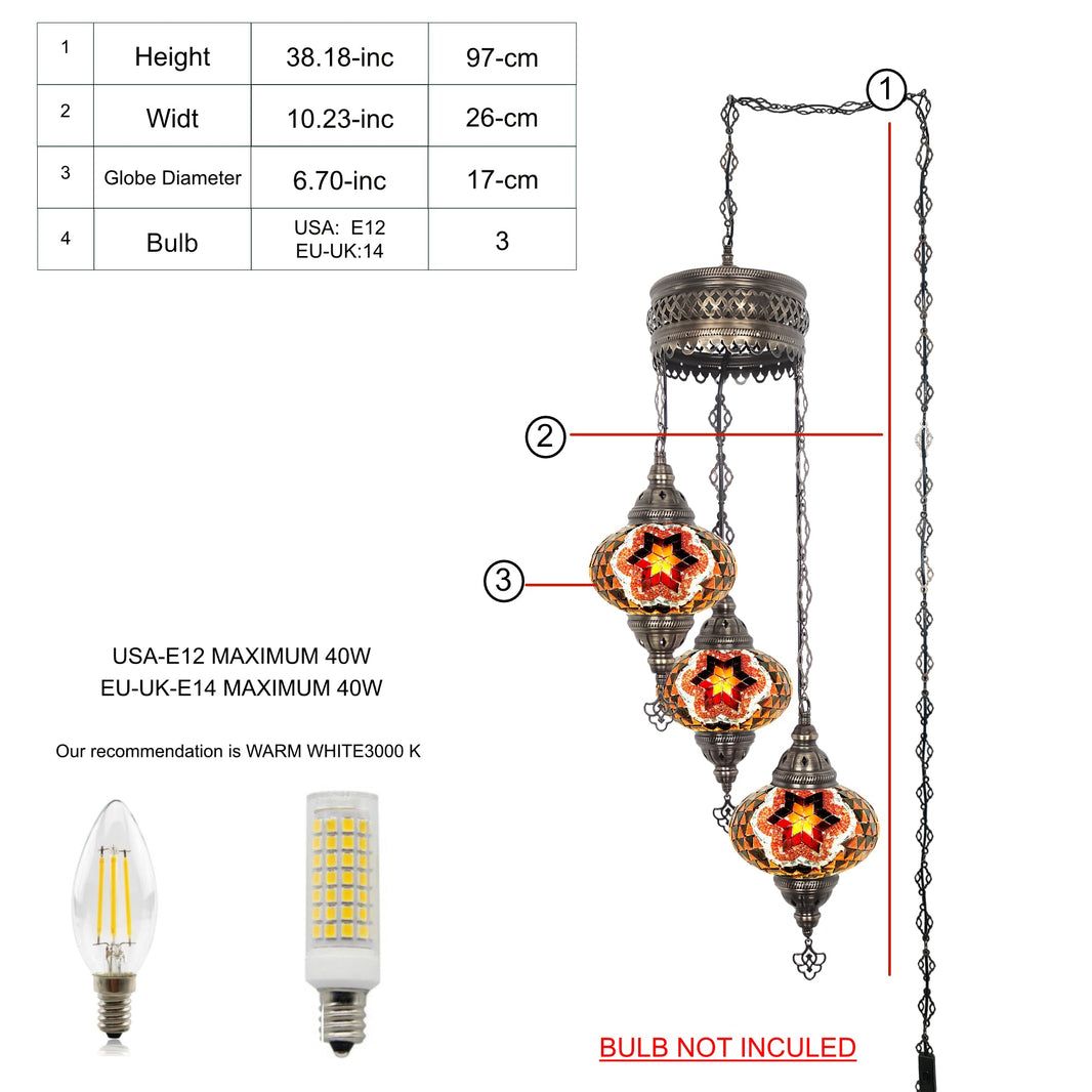 3-Globe Turkish Mosaic Chandelier Extra Chain Plug