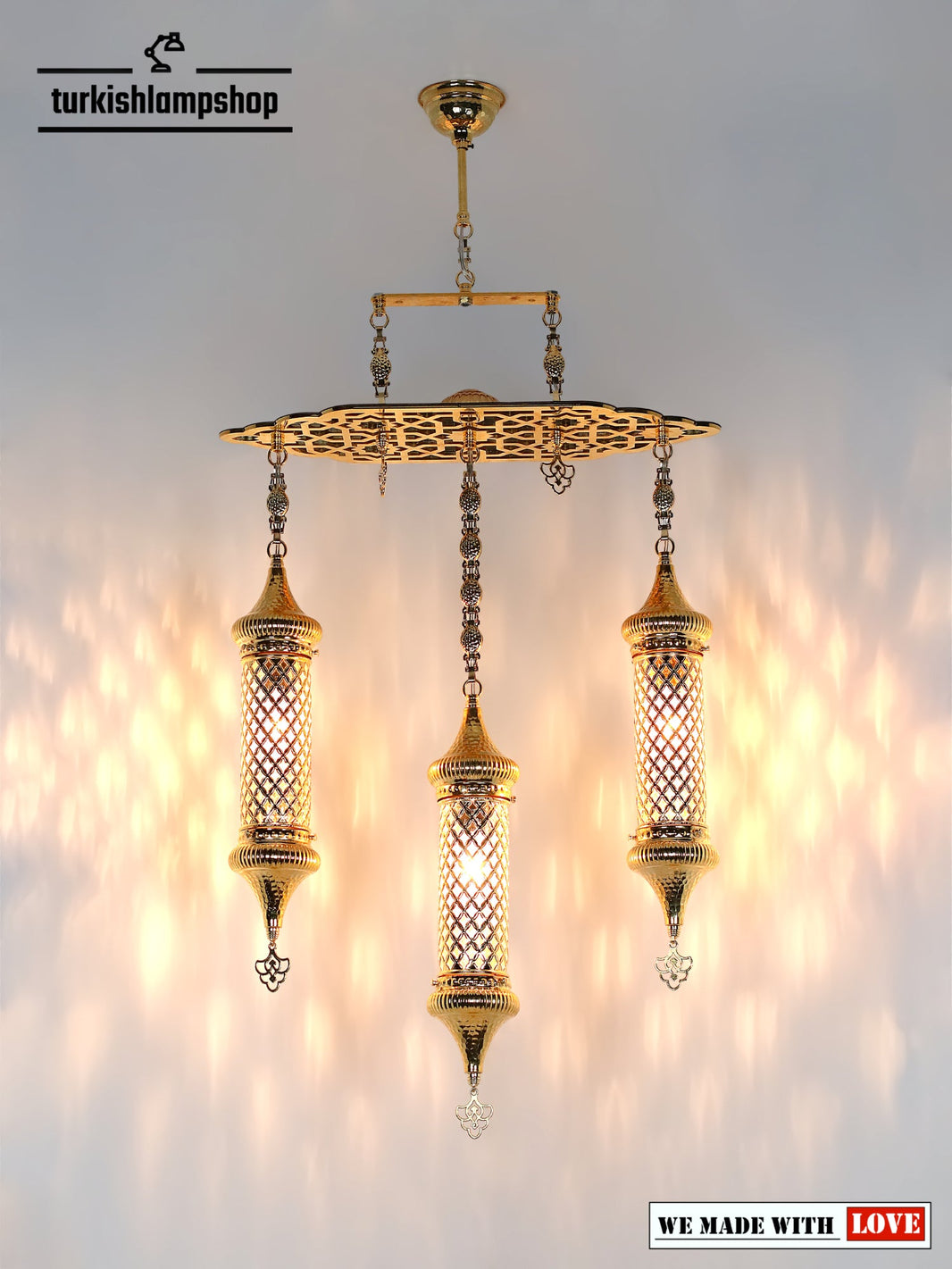 Turkish Chandelier Cylinder Blown Glass 3 Seljuk Pattern Metal Dining Room Chandelier