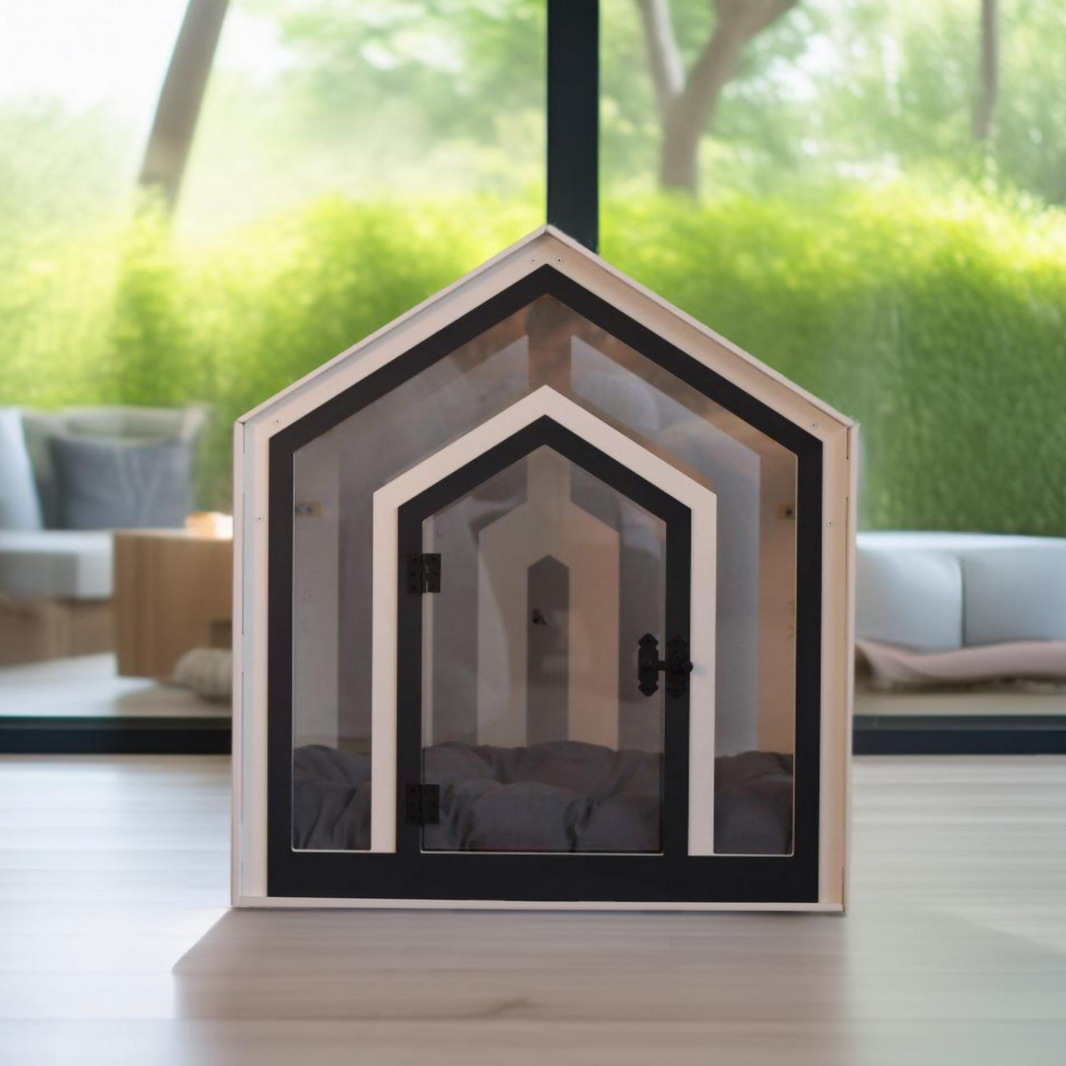 Hundehuette Calmo Weiss aus Holz mit Kissen und wasserfestem Boden fuer kleine und grosse Hunde