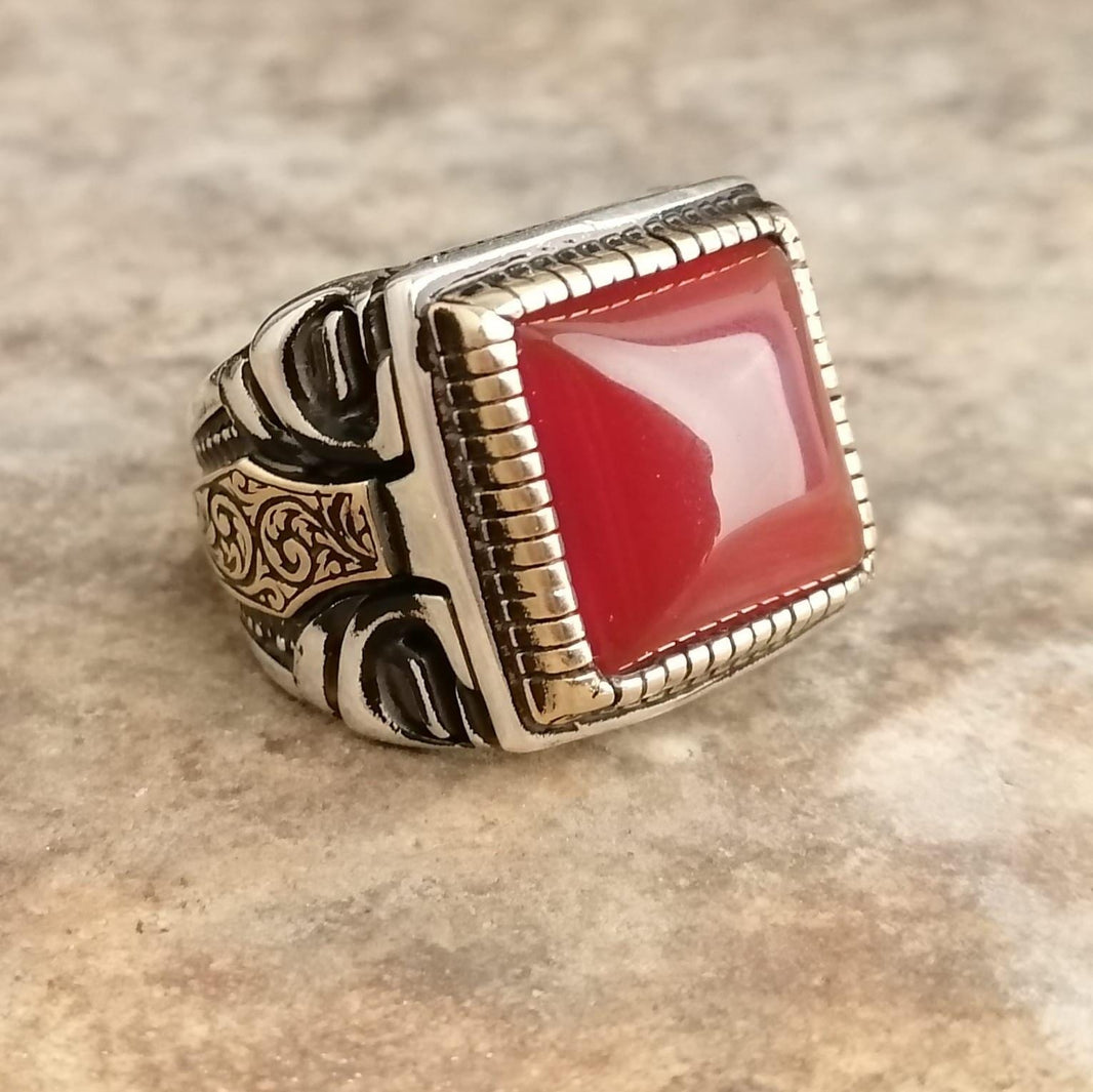 Sterling Silver Red Agate Ring: Handmade Turkish Ottoman Style