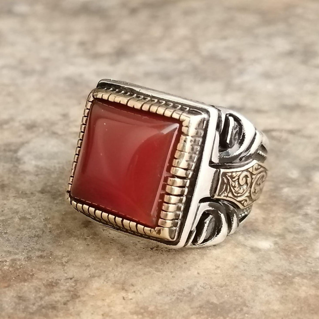 Sterling Silver Red Agate Ring: Handmade Turkish Ottoman Style