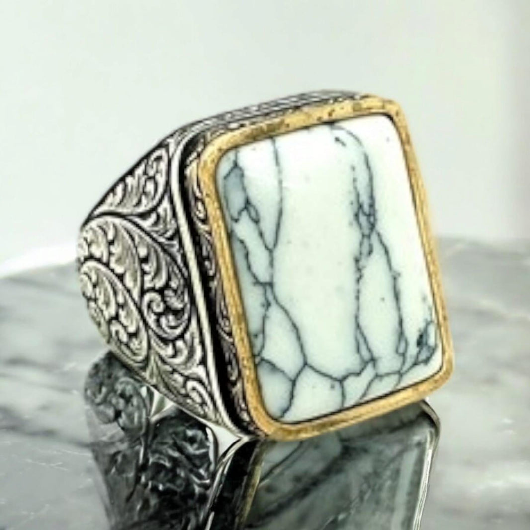 Sterling Silver Howlite & Ruby Ring: Handmade Turkish Ottoman Style