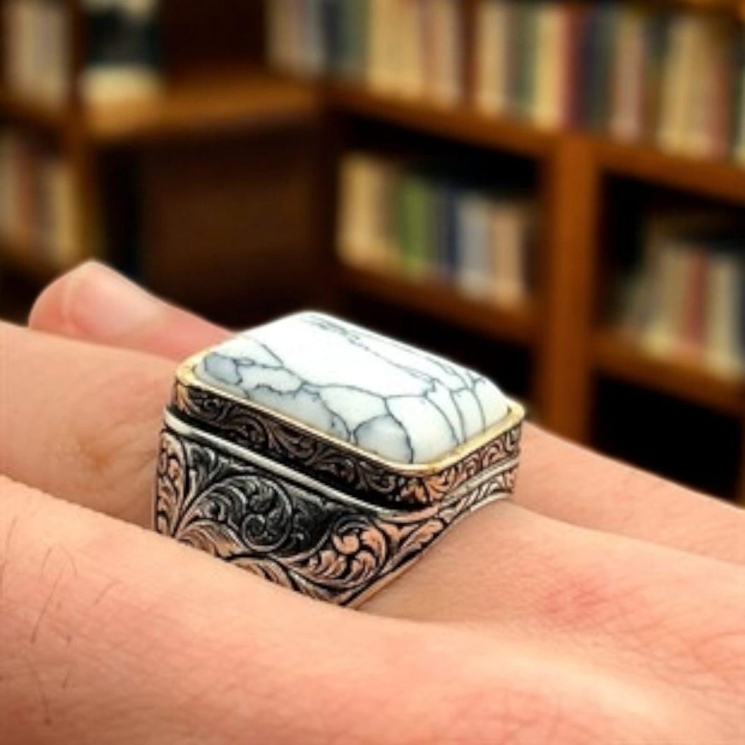 Sterling Silver Howlite & Ruby Ring: Handmade Turkish Ottoman Style