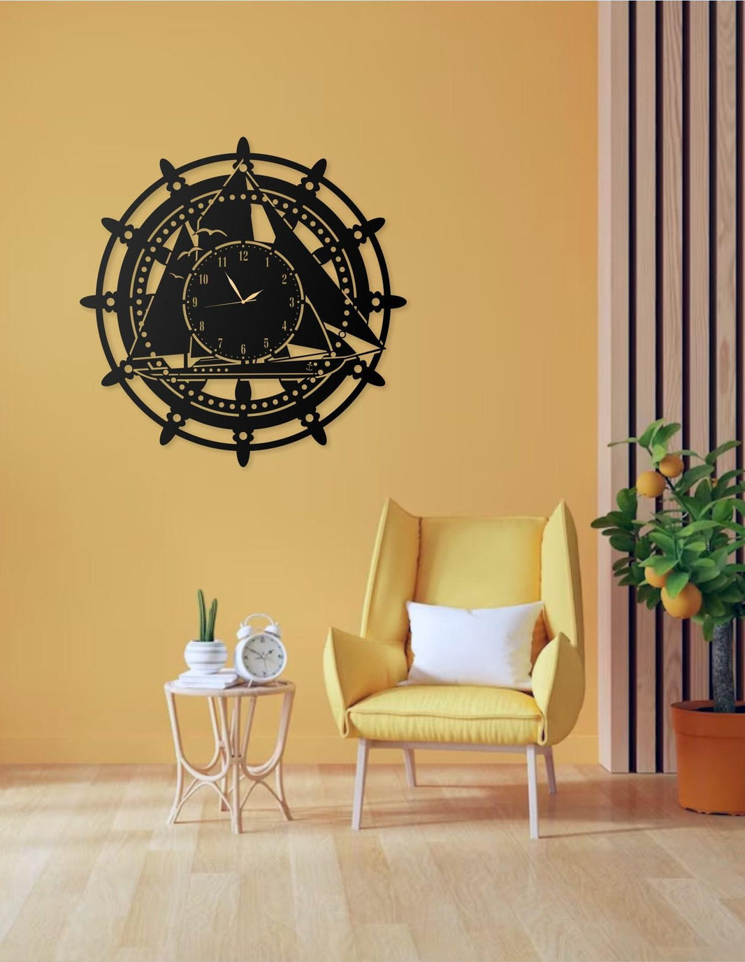 Nautical Ship Wheel Metal Wall Clock - Decorative Black Clock with Compass and Triangle Design for Home, Office, and Beach House Decor