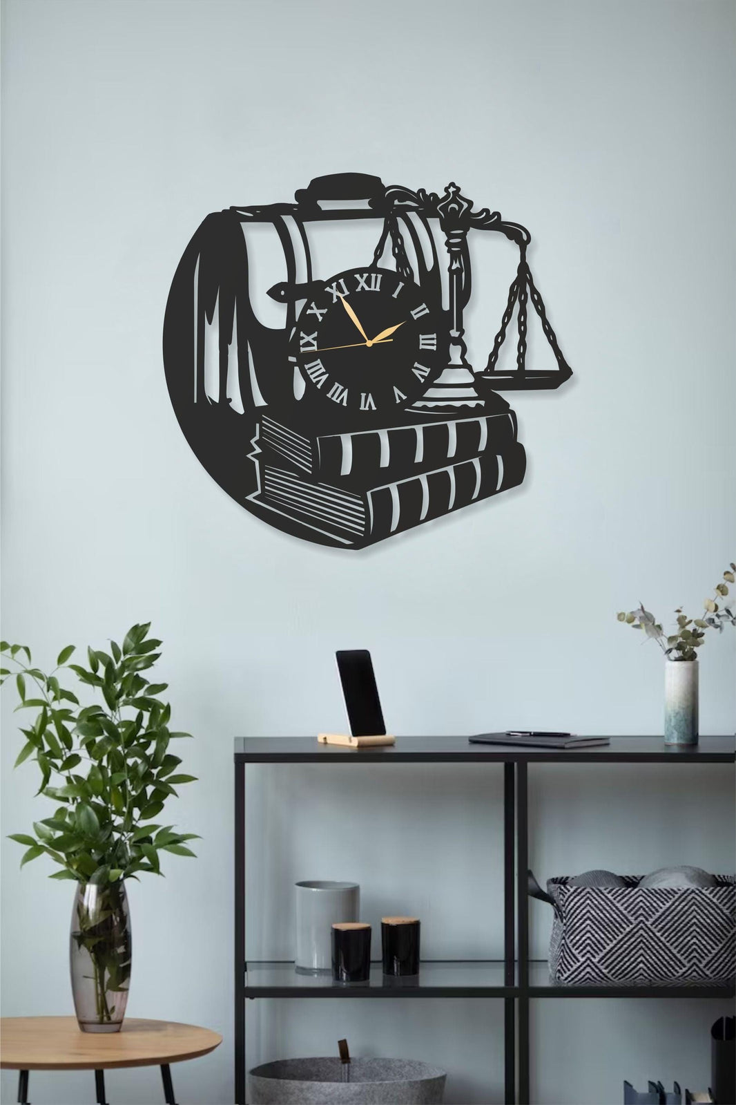 Lawyer Themed Metal Wall Clock  Legal Books, Gavel & Scales of Justice Design  Decorative Wall Art for Law Offices, Home