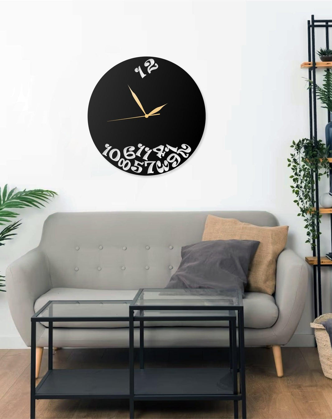 Modern Metal Wall Clock with Unique Number Design - Black -  Decorative Wall Clock for Living Room, Bedroom, Office, Home Decor