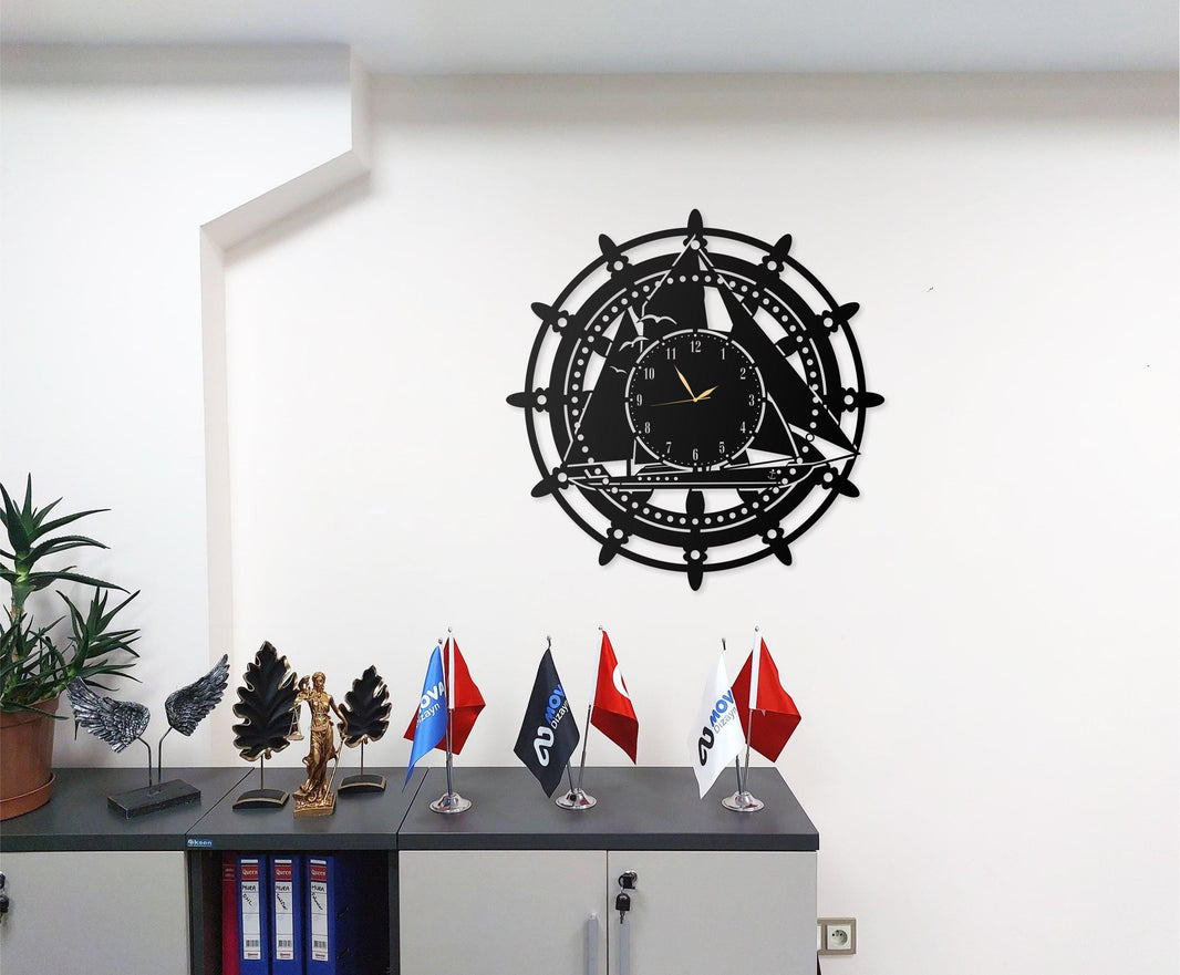 Nautical Ship Wheel Metal Wall Clock - Decorative Black Clock with Compass and Triangle Design for Home, Office, and Beach House Decor