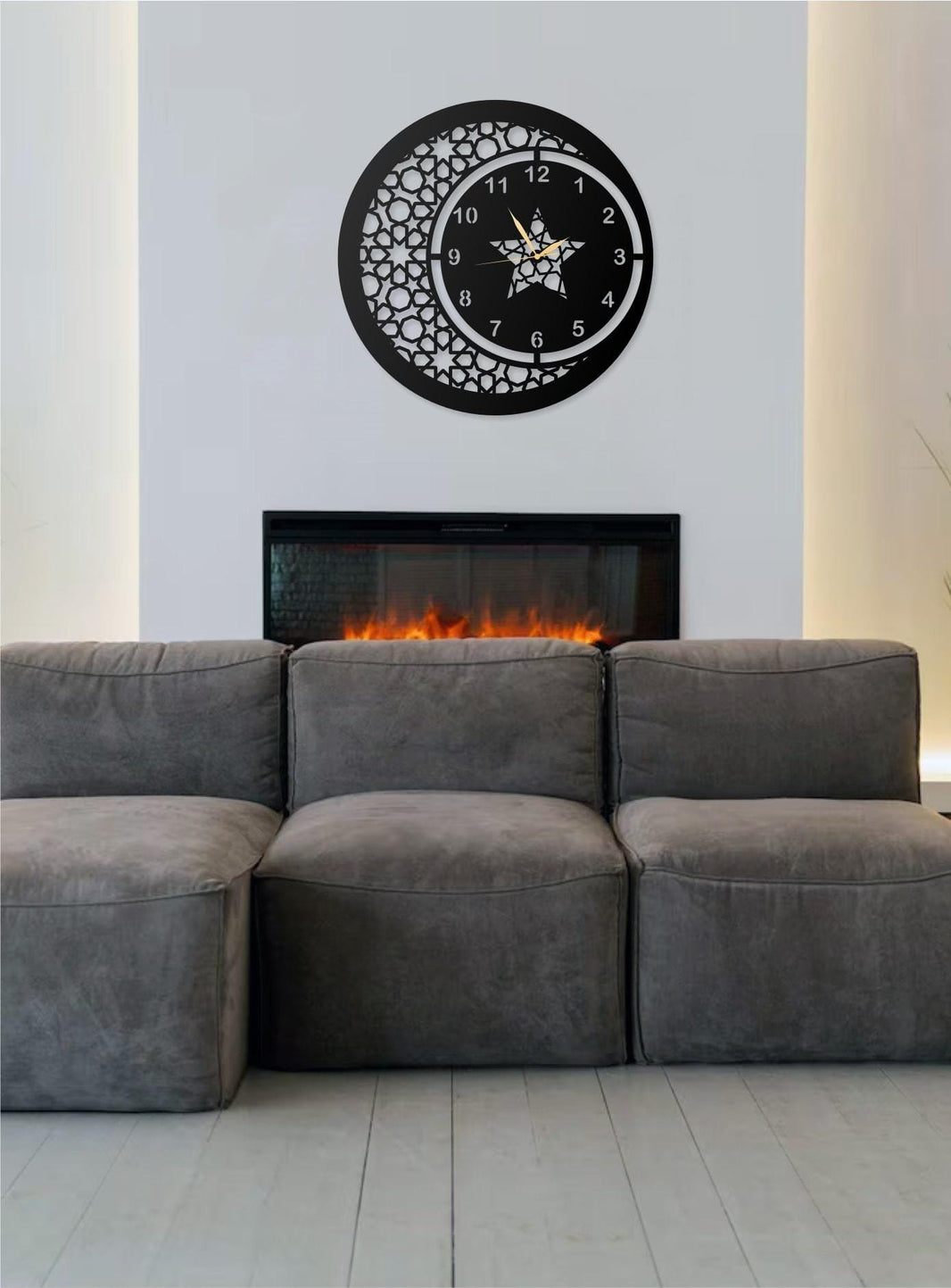 Islamic Metal Wall Clock with Ottoman Motif - Decorative Black Moon and Star Design for Home, Living Room, or Office Decor