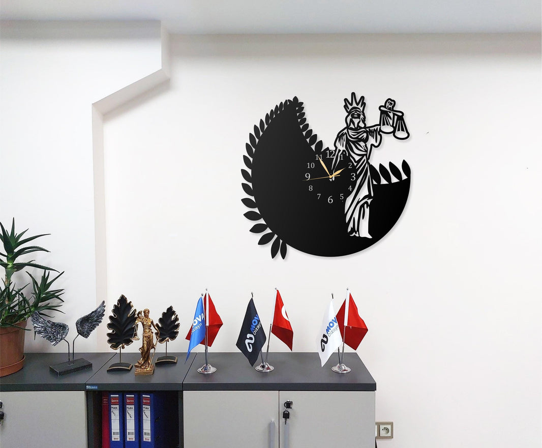 Lady Justice Metal Wall Clock  Lawyer & Justice Themed Decorative Wall Clock for Home, Office, or Law Firm Decor (15.75 in)