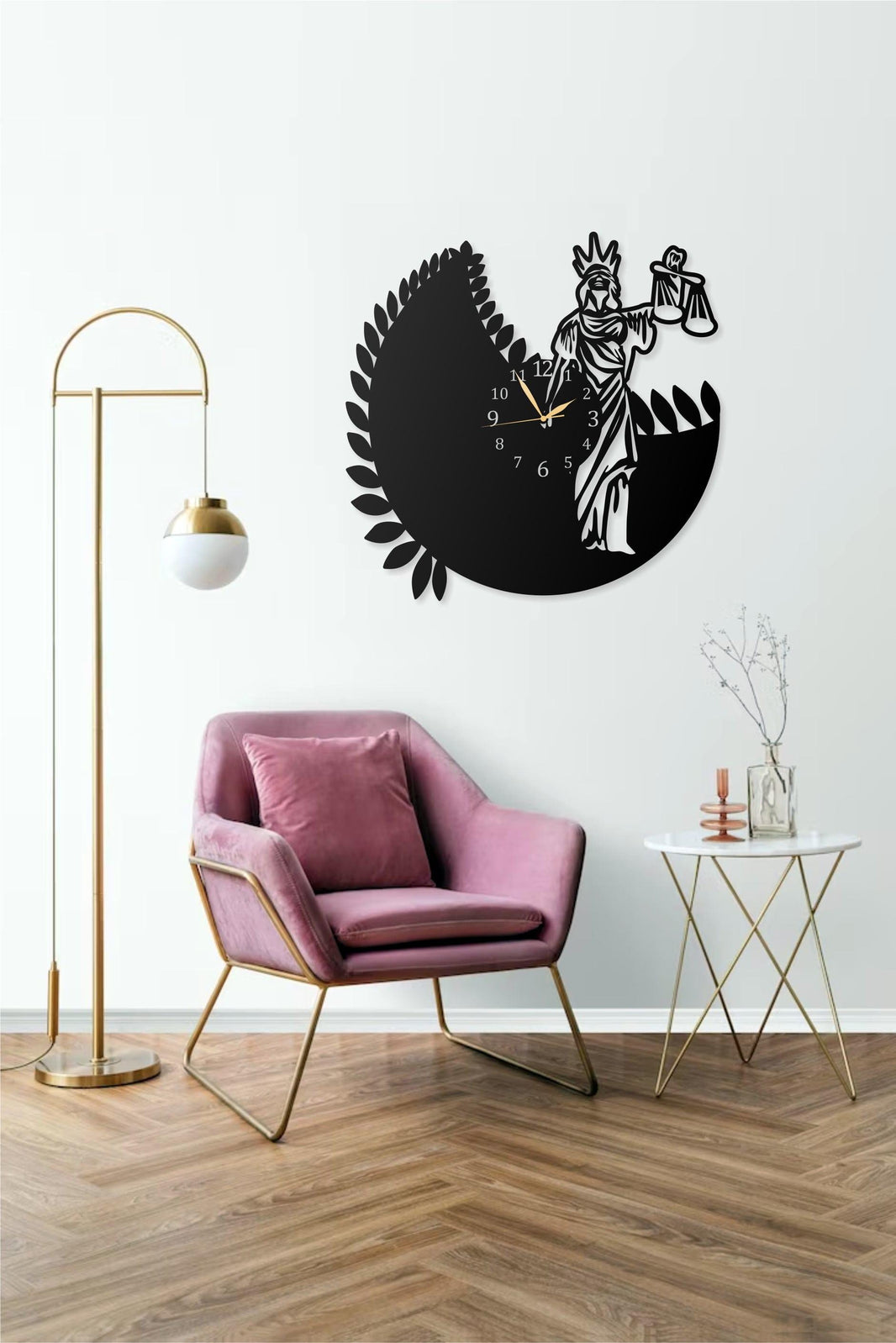 Lady Justice Metal Wall Clock  Lawyer & Justice Themed Decorative Wall Clock for Home, Office, or Law Firm Decor (15.75 in)