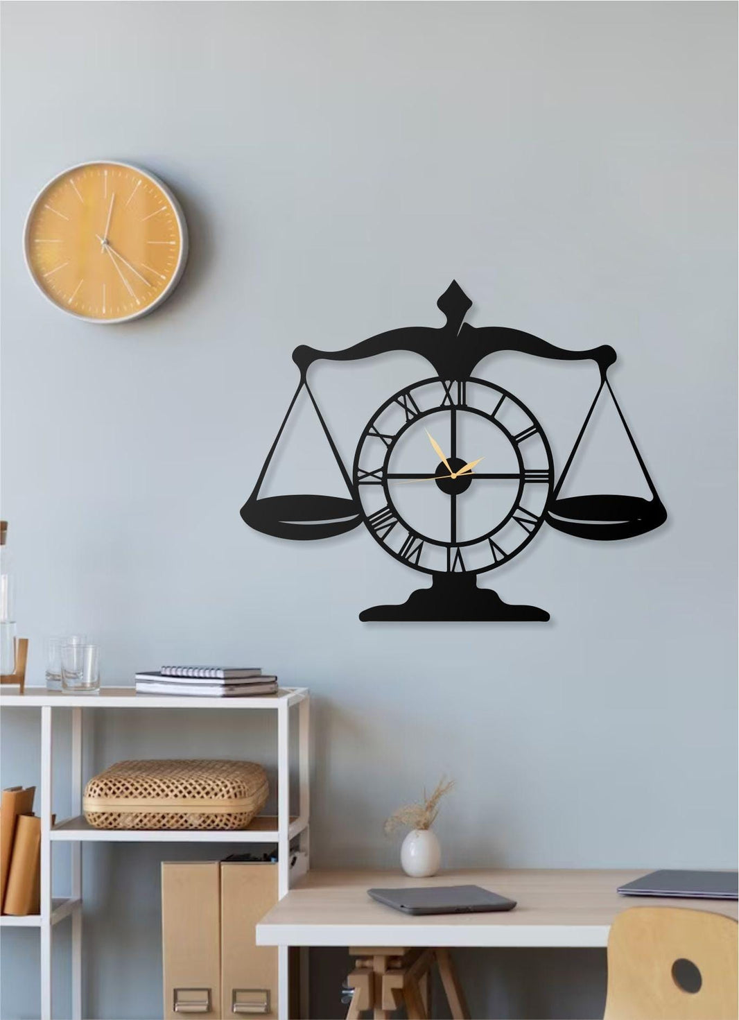 Justice Scales Metal Wall Clock  Lawyer & Legal Themed Decorative Wall Clock for Office, Law Firm, or Home Decor (19.7 x 15.75 in)