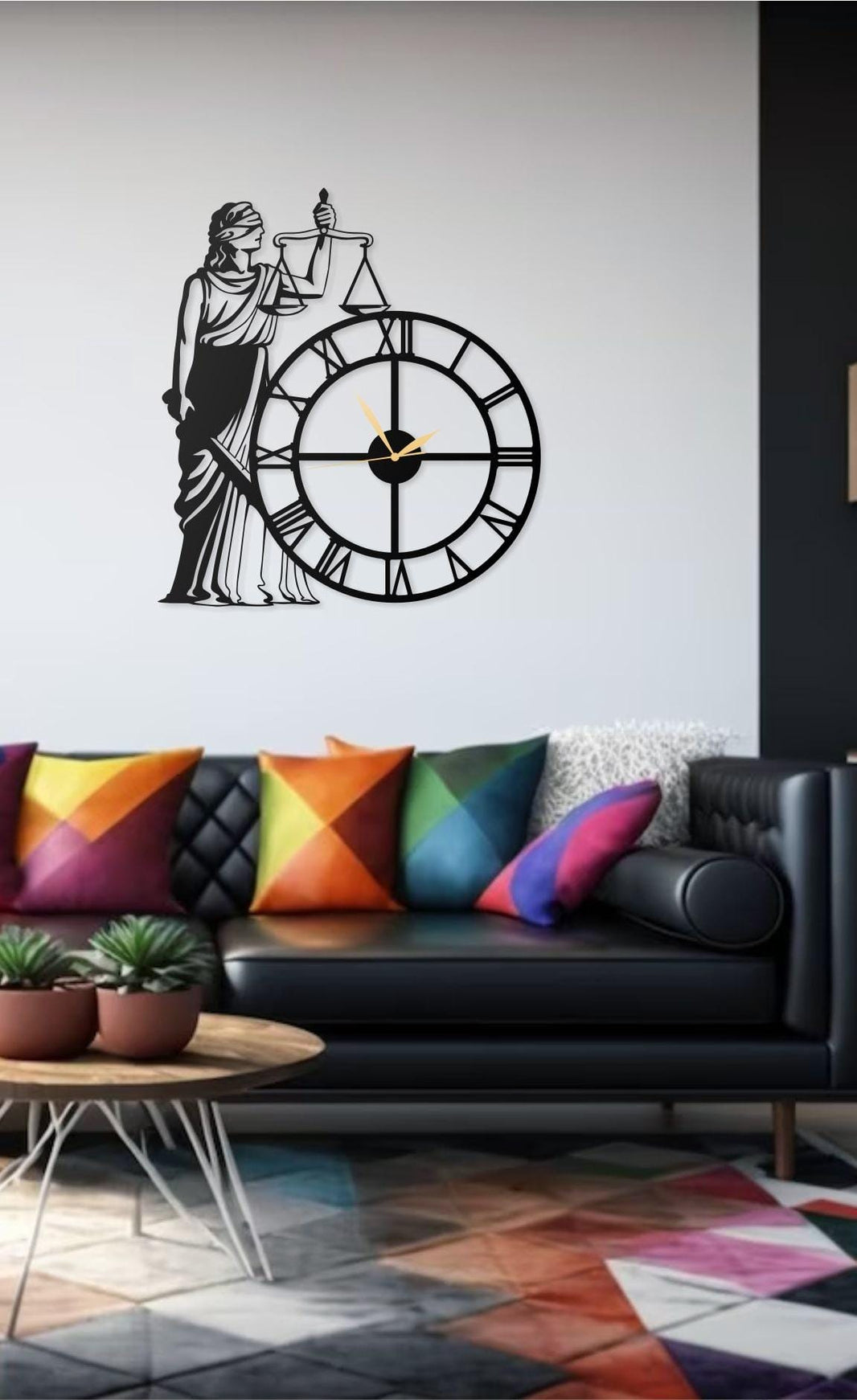 Lady Justice Metal Wall Clock  Legal Themed Decorative Wall Clock with Roman Numerals for Lawyers, Law Offices&Home Decor (15.75 x 17.7 in)