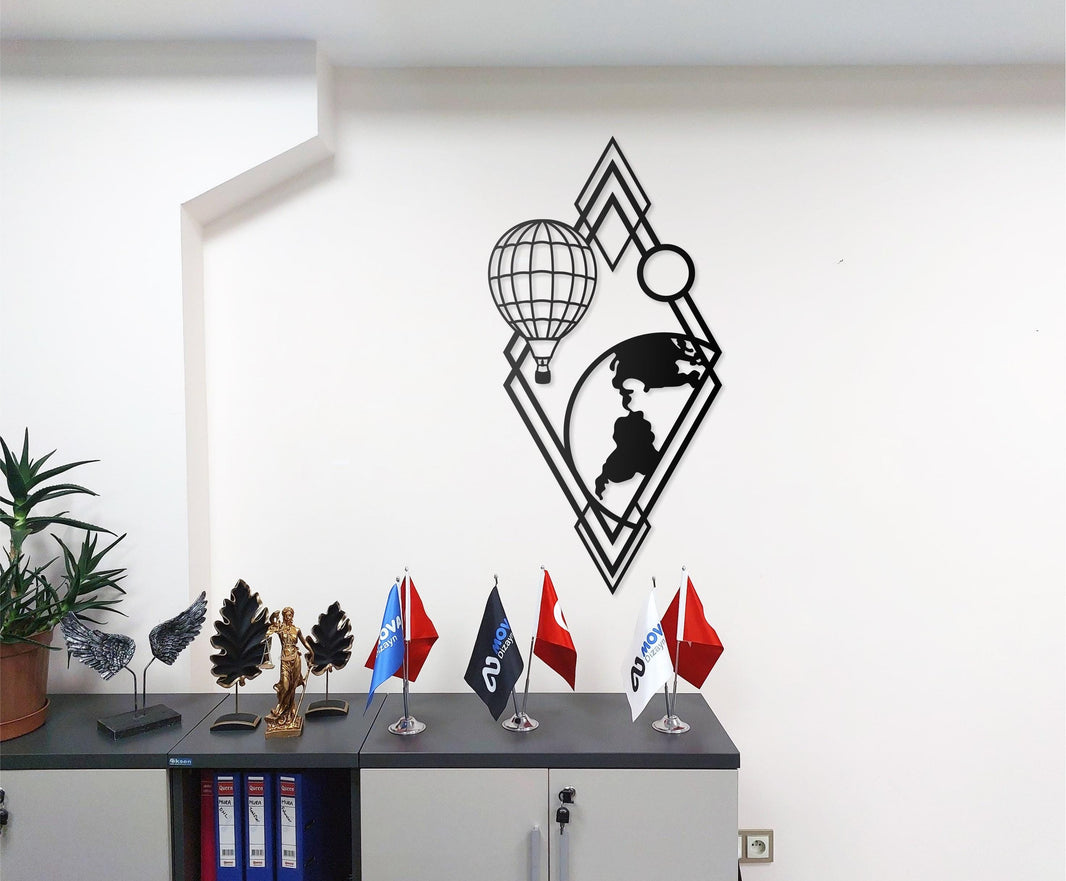 World Map Metal Wall Art with Hot Air Balloons & Geometric Design - Modern Travel Inspired Wall Decor for Living Room, Bedroom, Office