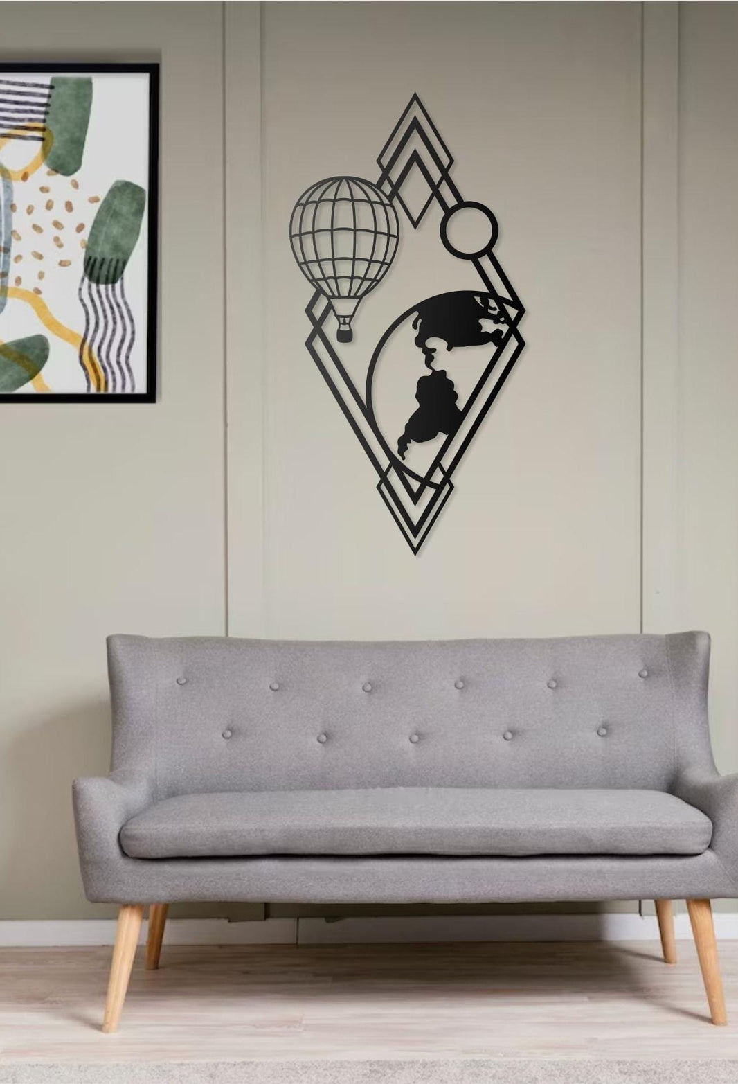 World Map Metal Wall Art with Hot Air Balloons & Geometric Design - Modern Travel Inspired Wall Decor for Living Room, Bedroom, Office