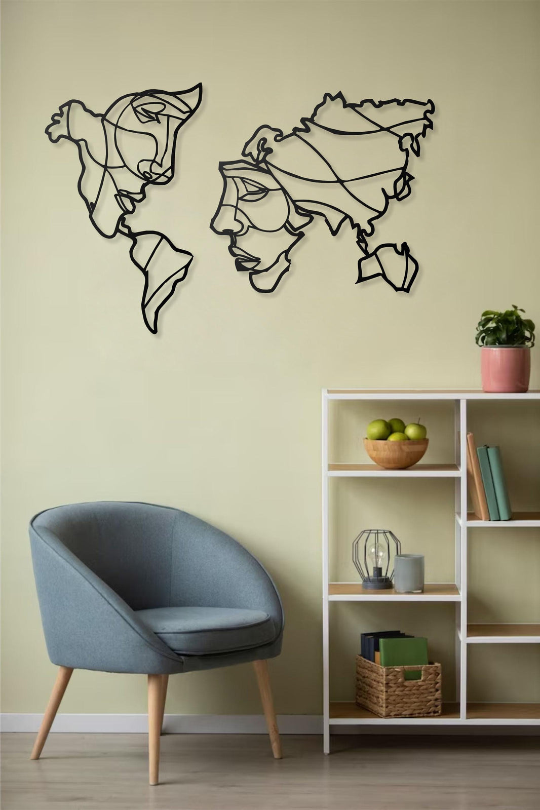 World Map Metal Wall Art with Human Silhouette Design - Modern One Piece Map Wall Decor for Living Room, Office, Bedroom