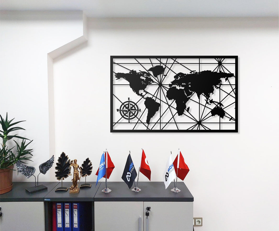 Metal World Map Wall Art with Compass Design  Single Piece Modern Metal Wall Decor, Minimalist World Map Wall Hanging for Home, Office