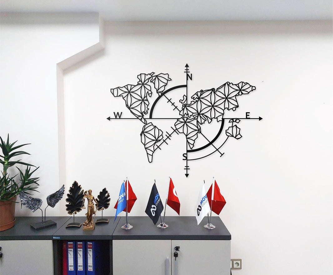 Metal World Map Wall Art with Compass Design  Single Piece Modern Metal Wall Decor, Minimalist World Map Wall Hanging for Home & Office