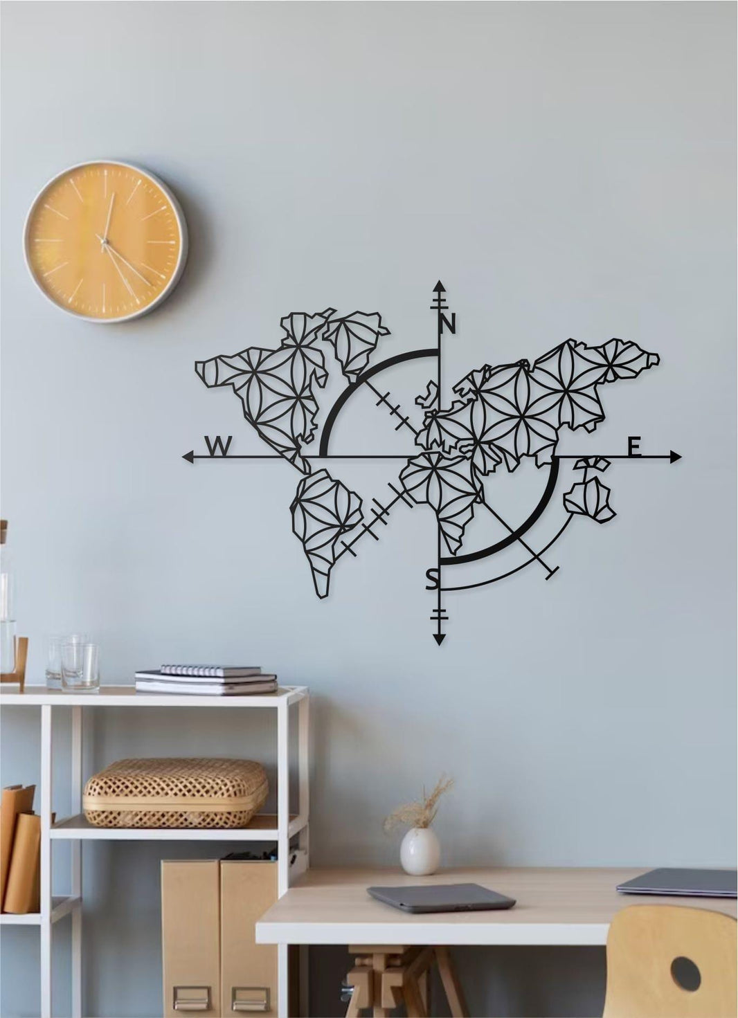 Metal World Map Wall Art with Compass Design  Single Piece Modern Metal Wall Decor, Minimalist World Map Wall Hanging for Home & Office