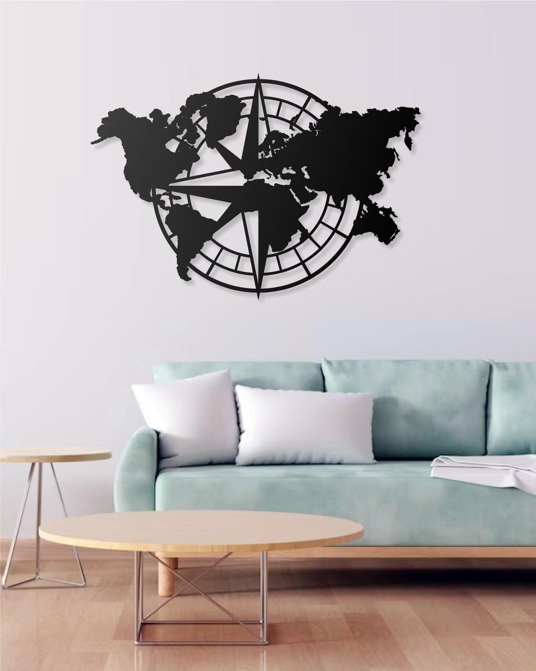 Metal World Map Wall Art with Compass Design  Single Piece Modern Metal Wall Decor, Minimalist World Map Wall Hanging for Home & Office