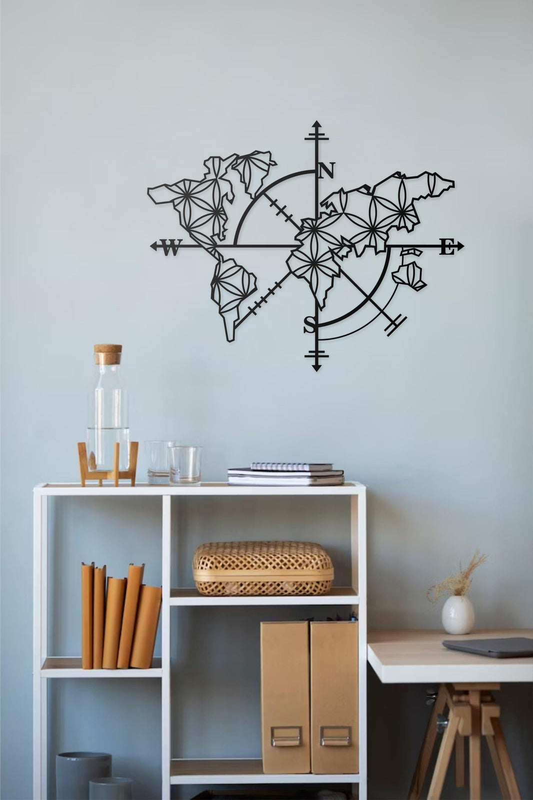 World Map Metal Wall Art with Geometric Compass Design  Modern One Piece Wall Decor for Home & Office