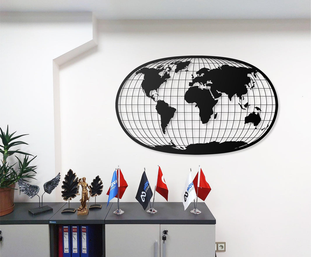 Metal World Map Wall Art  Oval Geometric Design, Modern Metal Wall Decor, World Map Wall Hanging, Travel Gift, Home Office Decoration