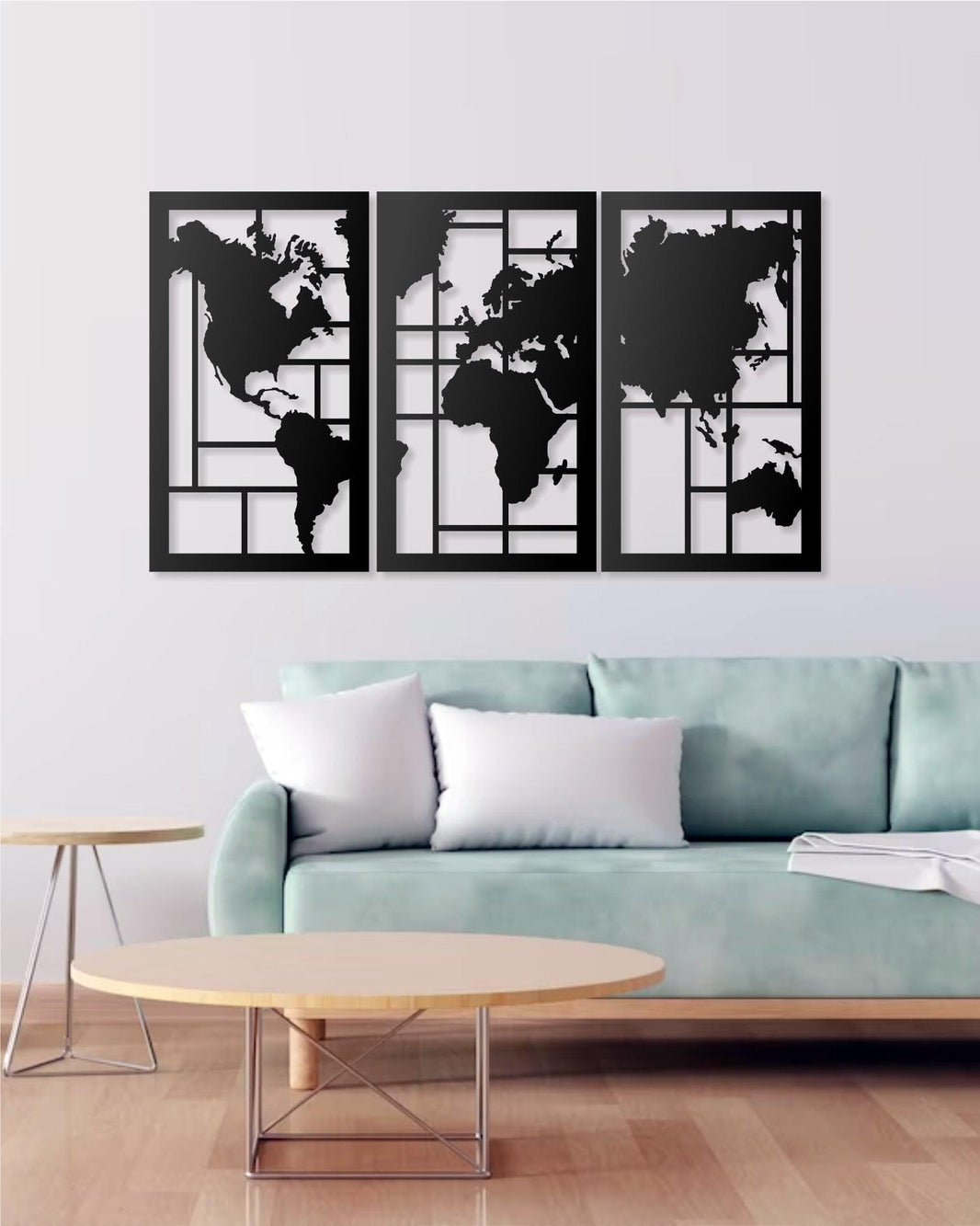 Canvas World Map Wall Art  Metal - 3 Panel Triptych Wall Decor, Modern World Map Painting, Travel Gift, Living Room & Office Decoration