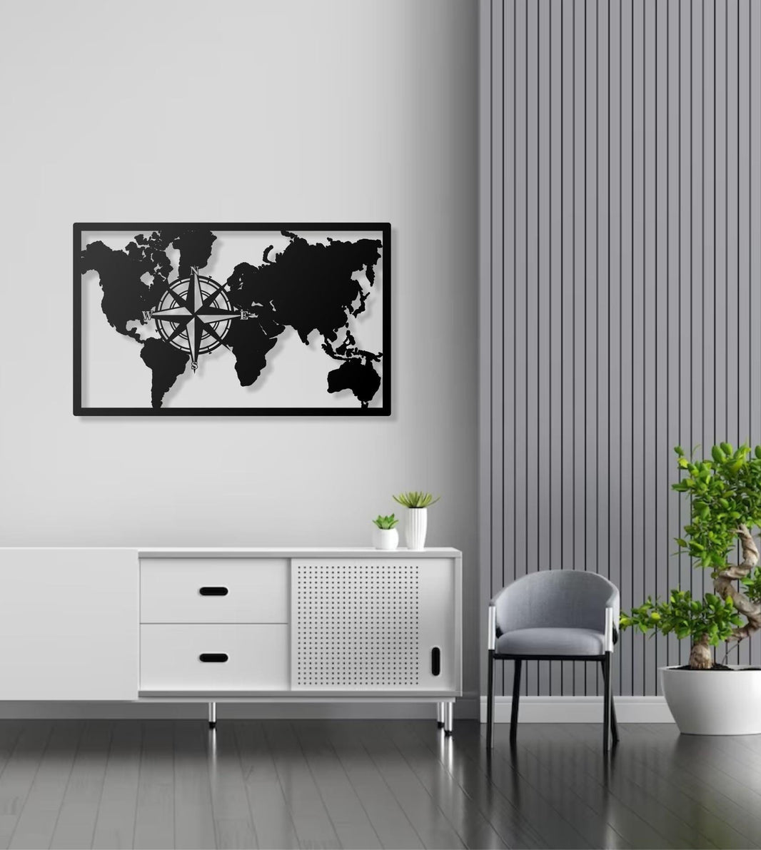 Metal World Map Wall Art with Compass Design  Single Piece Modern Metal Wall Decor, Minimalist World Map Wall Hanging for Home & Office