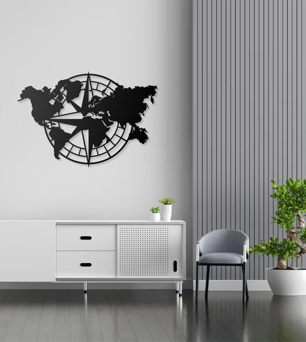 Metal World Map Wall Art with Compass Design  Single Piece Modern Metal Wall Decor, Minimalist World Map Wall Hanging for Home & Office