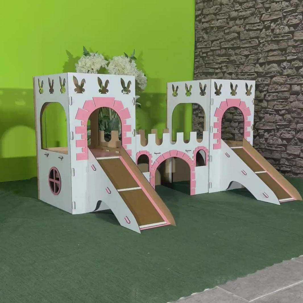 Zweistöckiges Hasenschloss Weißer Kaninchenpalast mit Terrasse Farboptionen