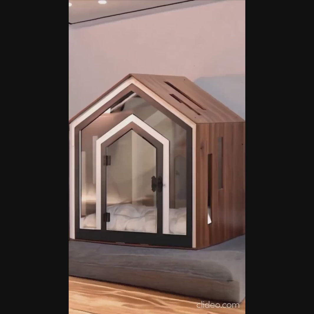 Hundehuette Calmo Walnuss aus Holz mit Kissen und wasserfestem Boden fuer kleine und grosse Hunde